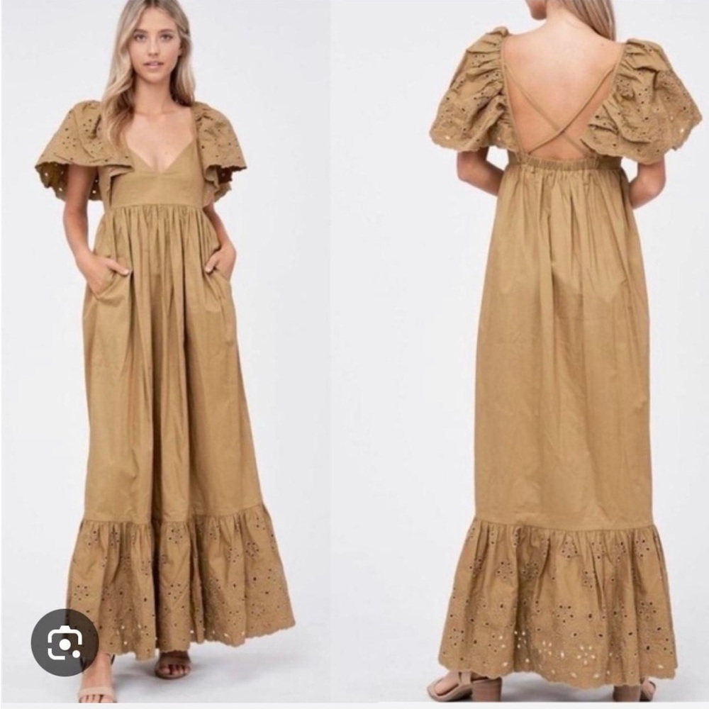 En Saison Anthropologie Flowy Tan Eyelet Boho Maxi Dress Size XS - Picture 2 of 6